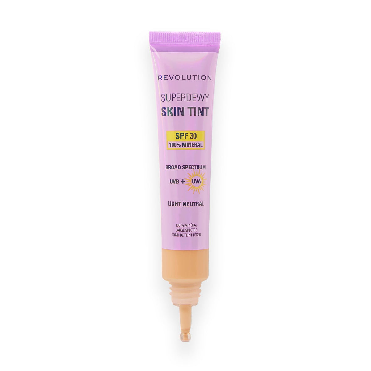 Revolution Beauty London Superdewy SPF 30 skin tint bottle shows mineral formula and glow.