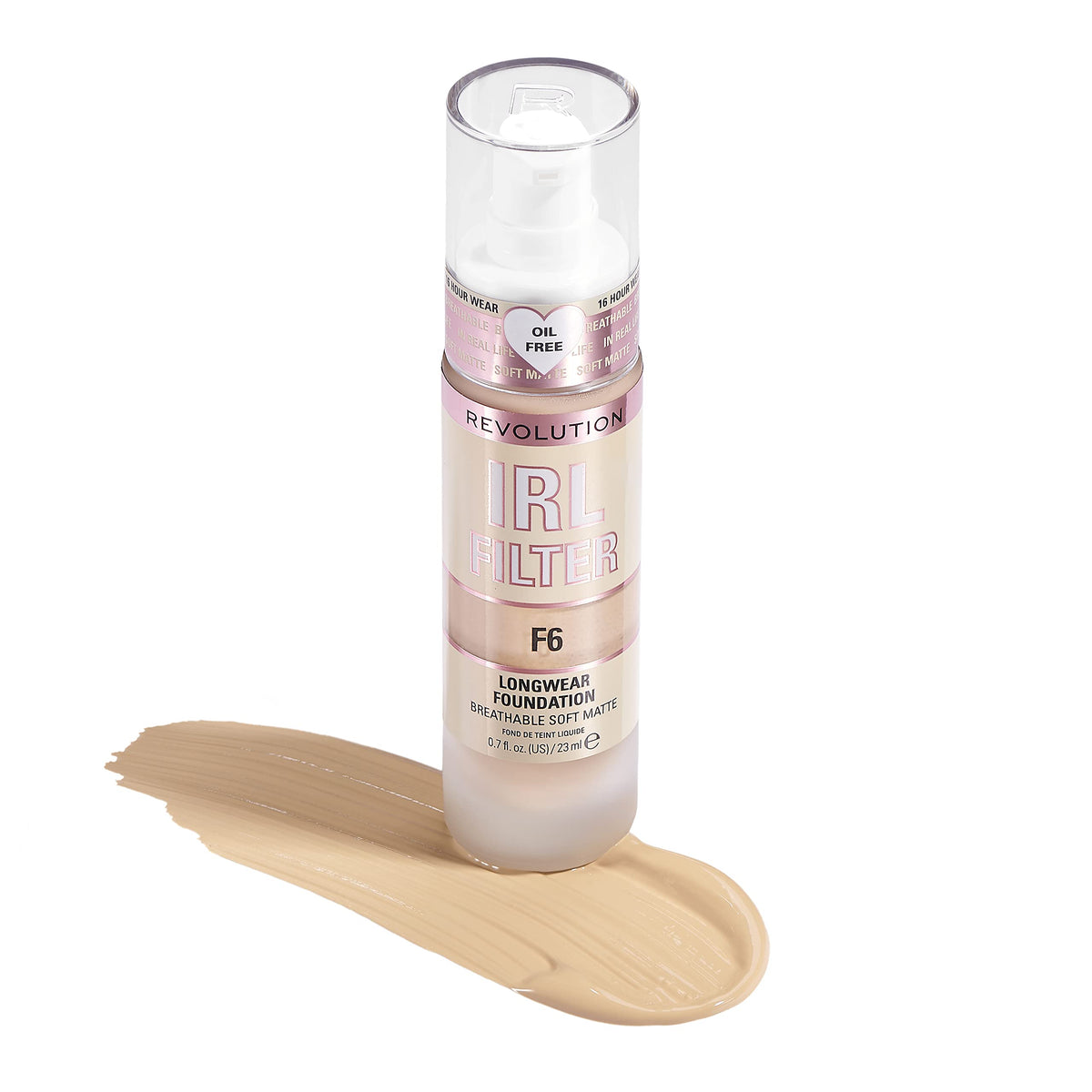 Revolution IRL Filter bottle on vanity for controlled, mess-free makeup routine.