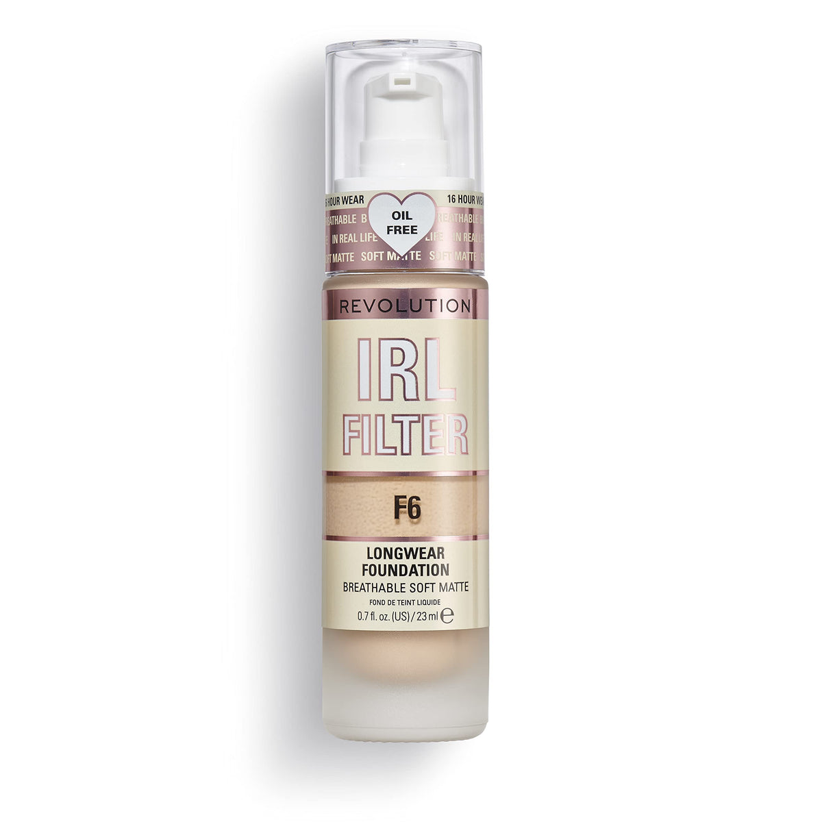 Revolution IRL Filter foundation bottle with pump for precise application and smooth finish.