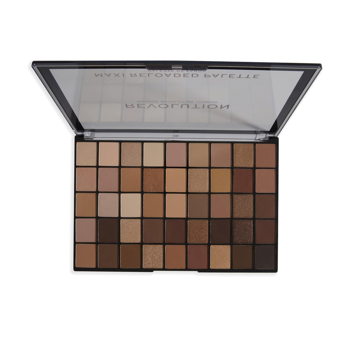 Close-up swatches of Revolution Maxi Reloaded showing matte and shimmer finishes.