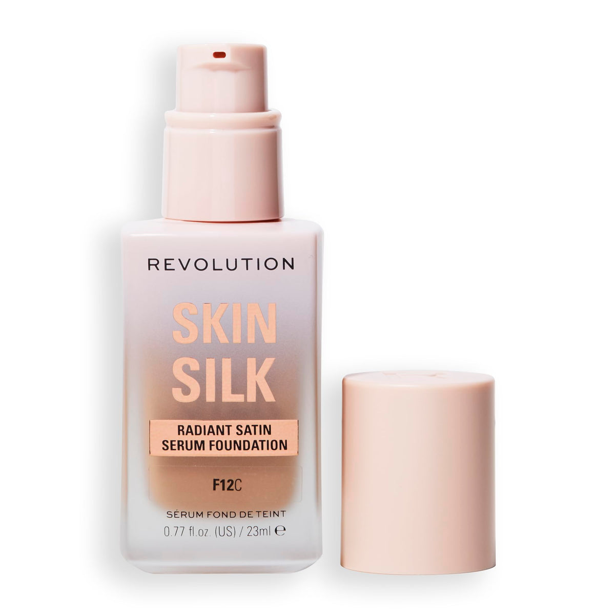 Revolution Skin Silk Radiant Satin Serum Foundation bottle with a glow-ready finish