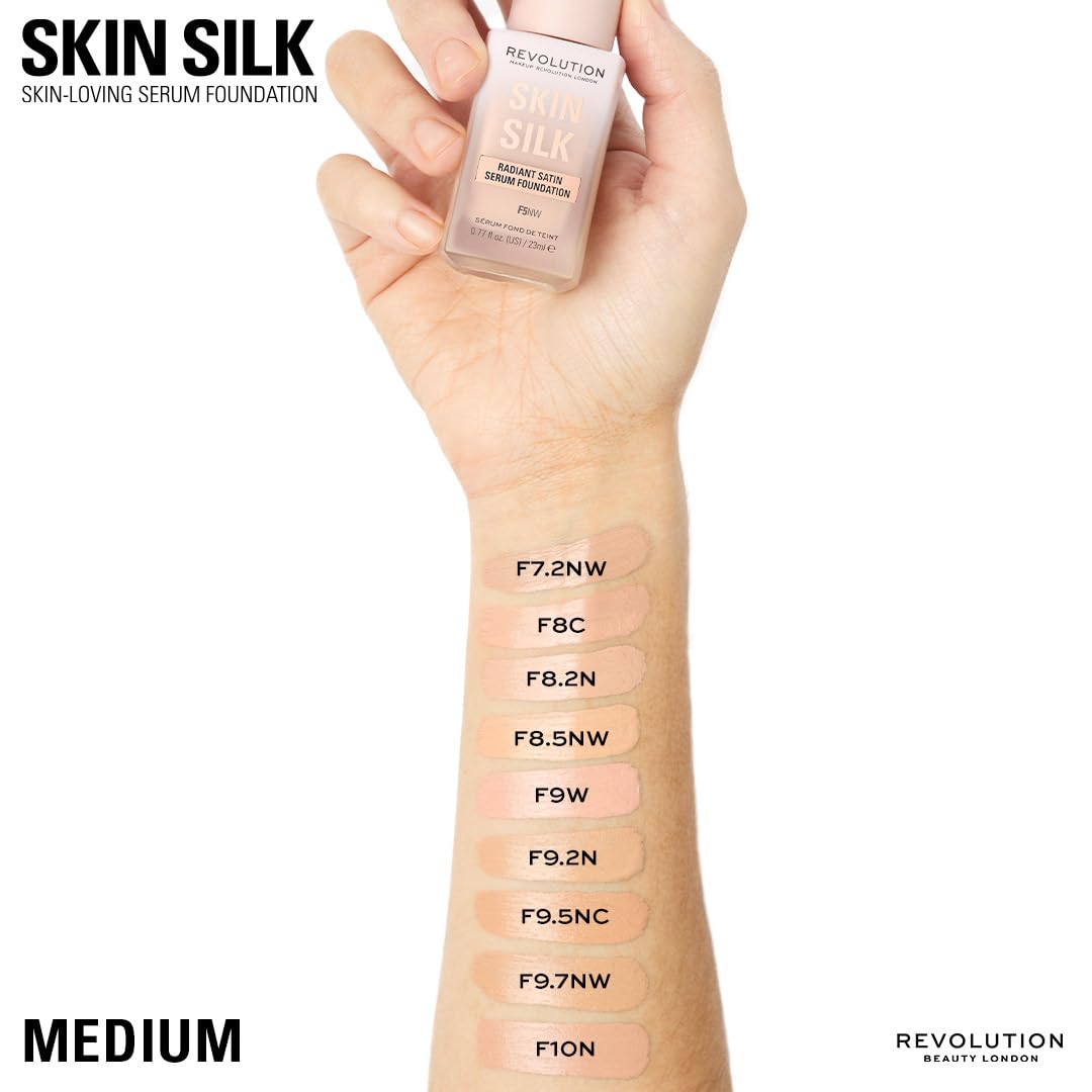 Revolution Skin Silk shade F8C swatches for medium cool undertone.