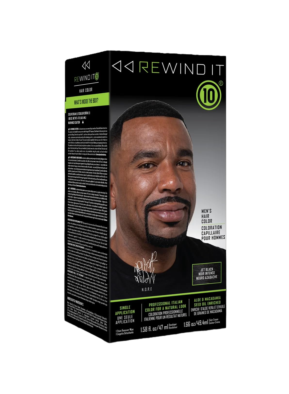 REWIND IT 10 Jet Black bottle pour showing easy, mess-free mixing for at-home color.