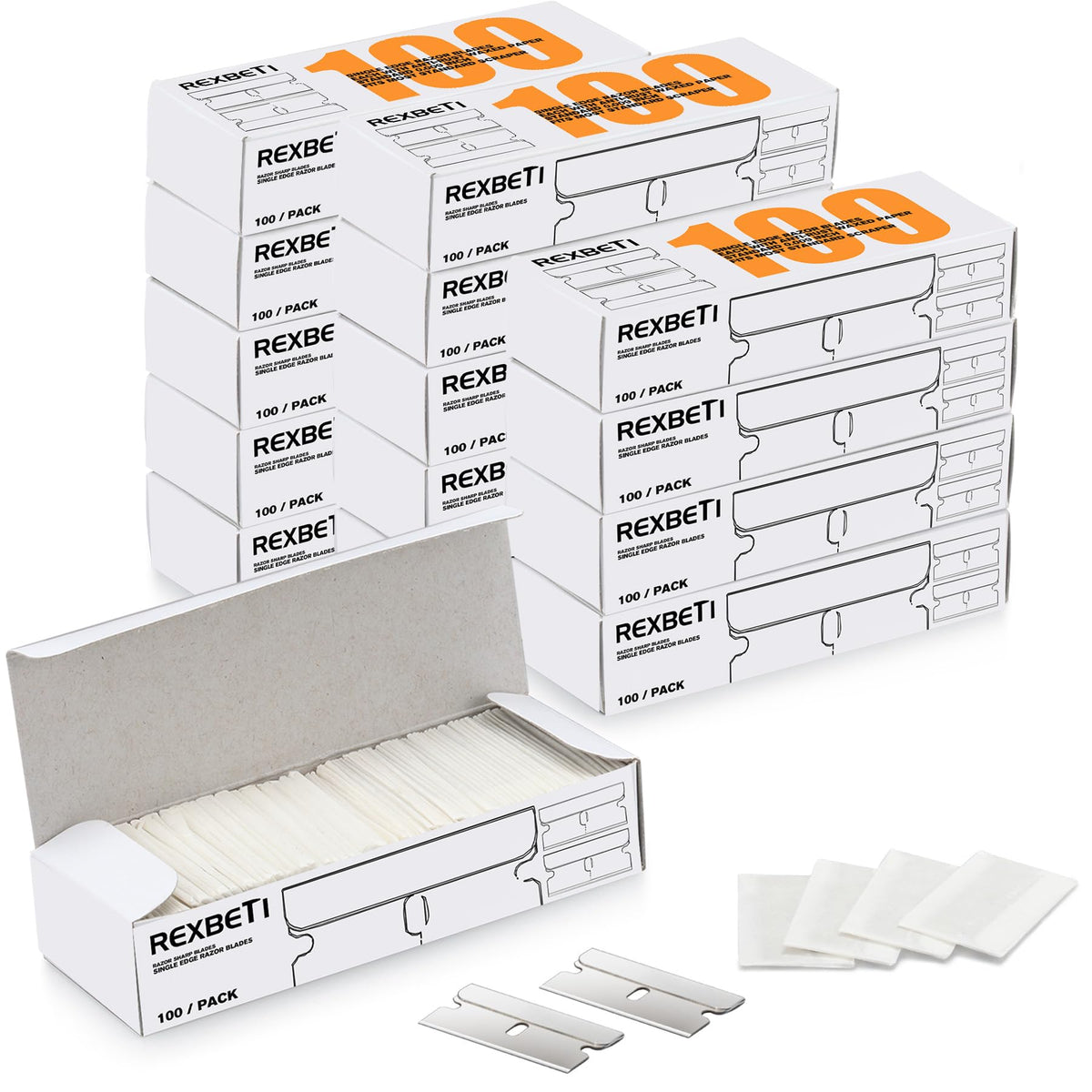 REXBETI 1400pcs blades in box for heavy-duty scraping tasks.