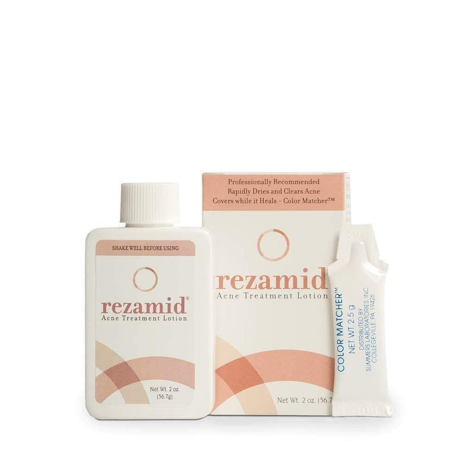 Rezamid acne spot treatment lotion bottle for on-the-go acne care.