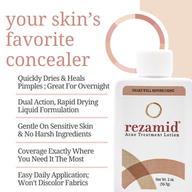 Close-up of Rezamid label highlighting active ingredients 5% sulfur and 2% resorcinol.