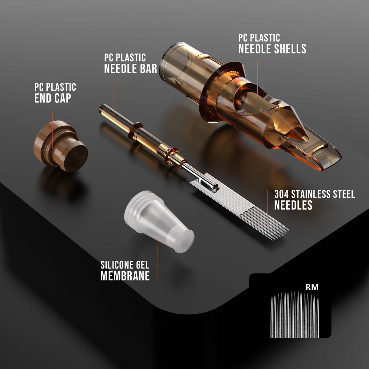 RHEIN transparent brown housing provides clear ink visibility during sessions.