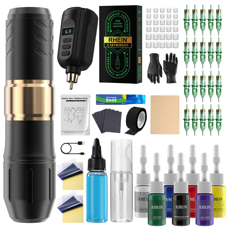 RHEIN tattoo pen kit front view for ergonomic handling and compact storage.