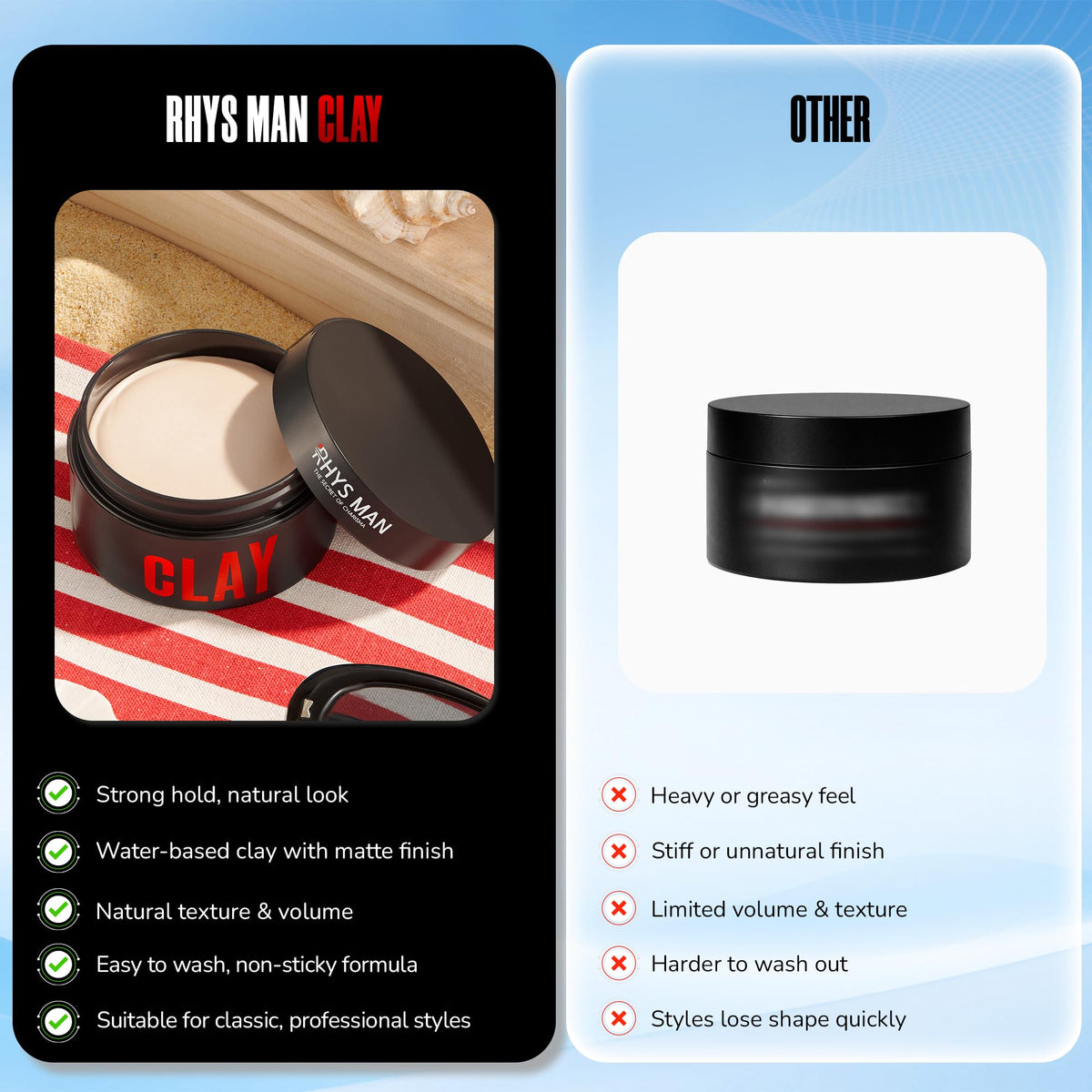 RHYS MAN hair clay ideal for short to medium hair with flexible hold