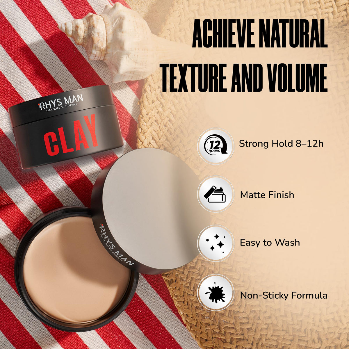 RHYS MAN hair clay compact travel packaging for on-the-go grooming