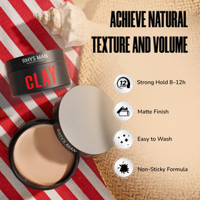 RHYS MAN hair clay compact travel packaging for on-the-go grooming