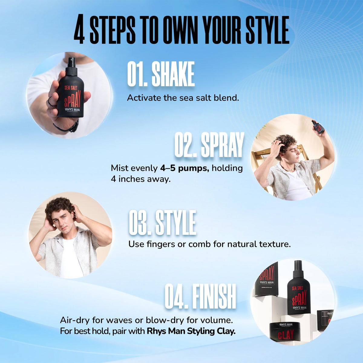 RHYS MAN Sea Salt Spray offers lightweight hold for flexible hairstyles.