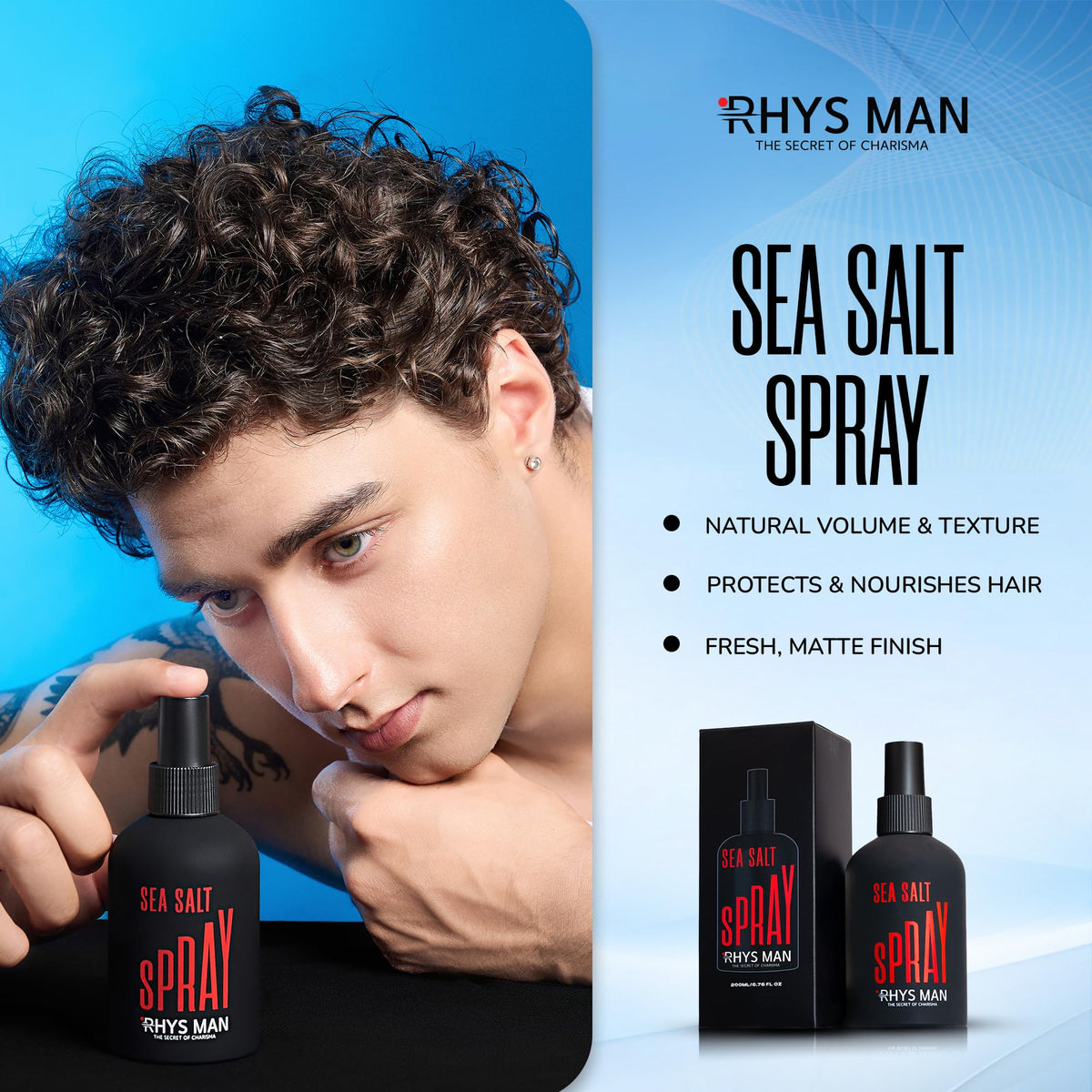RHYS MAN Sea Salt Spray texture application enhances natural waves and volume.