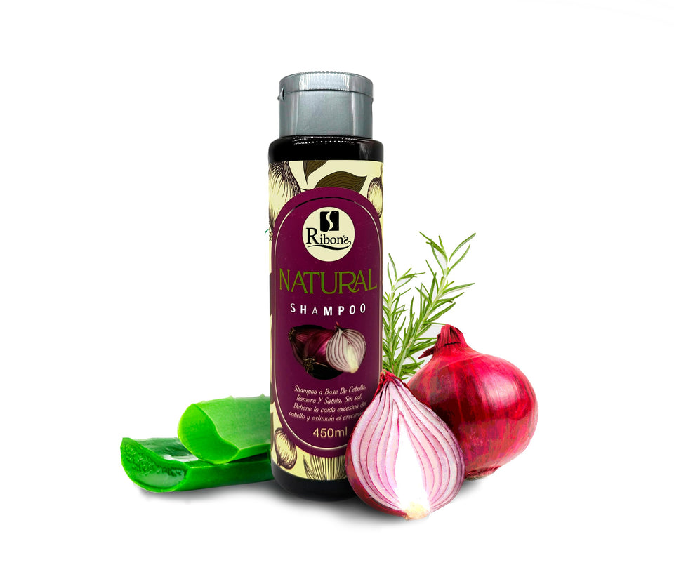 Ribon's Onion-Aloe-Rosemary shampoo bottle front view for a refreshed scalp.