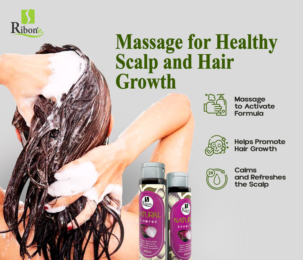 Hair after using Ribon's Onion-Aloe-Rosemary shampoo shows shine and fullness.