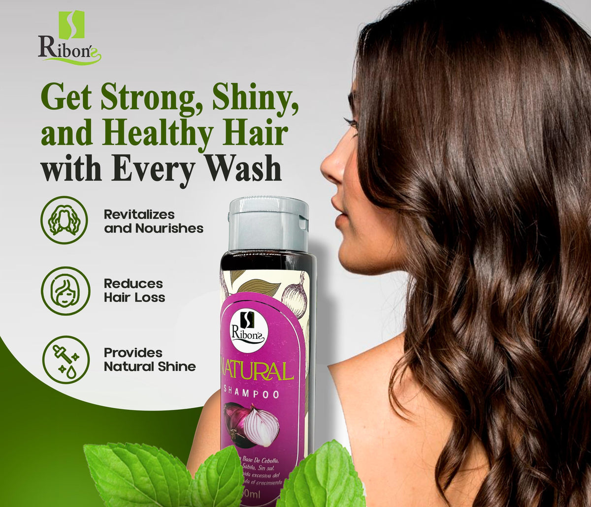Shampoo bottle label highlights natural onion, aloe vera, and rosemary blend.
