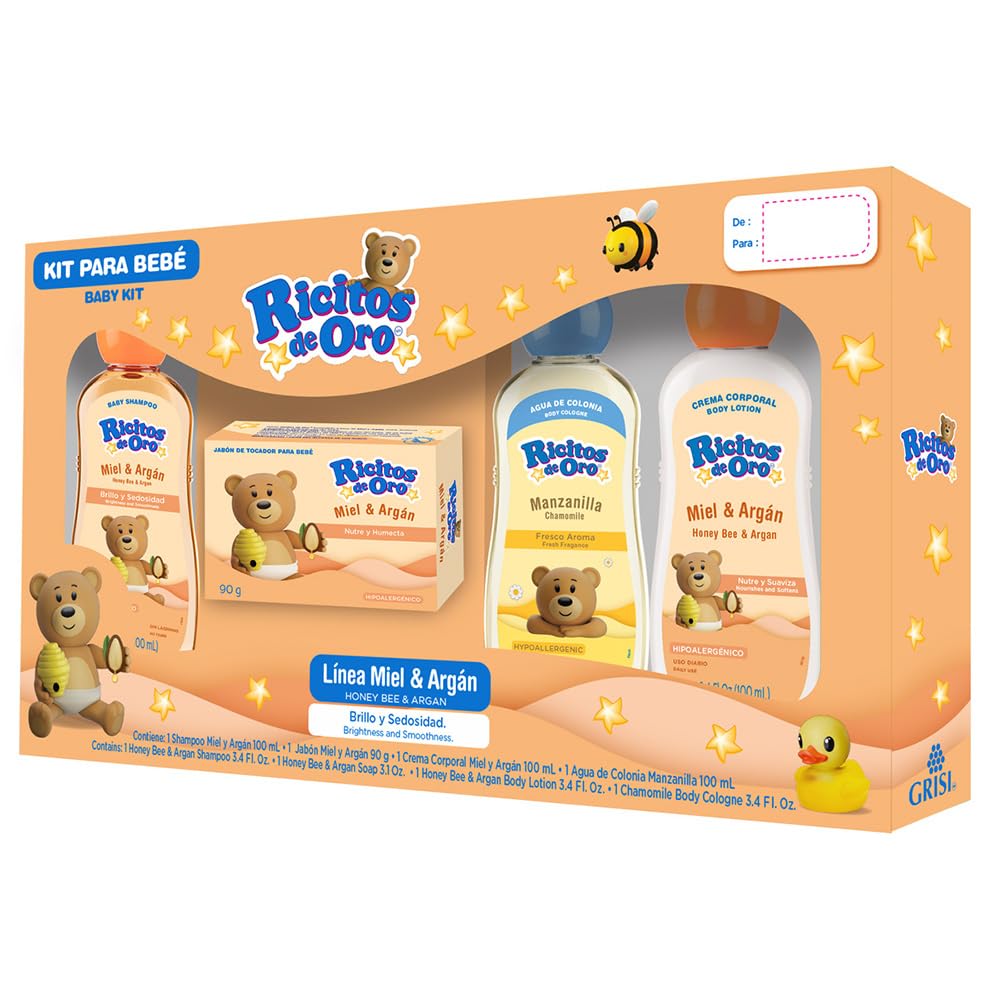Ricitos de Oro Travel Kit case with four 100 ml bottles for on-the-go baby care.