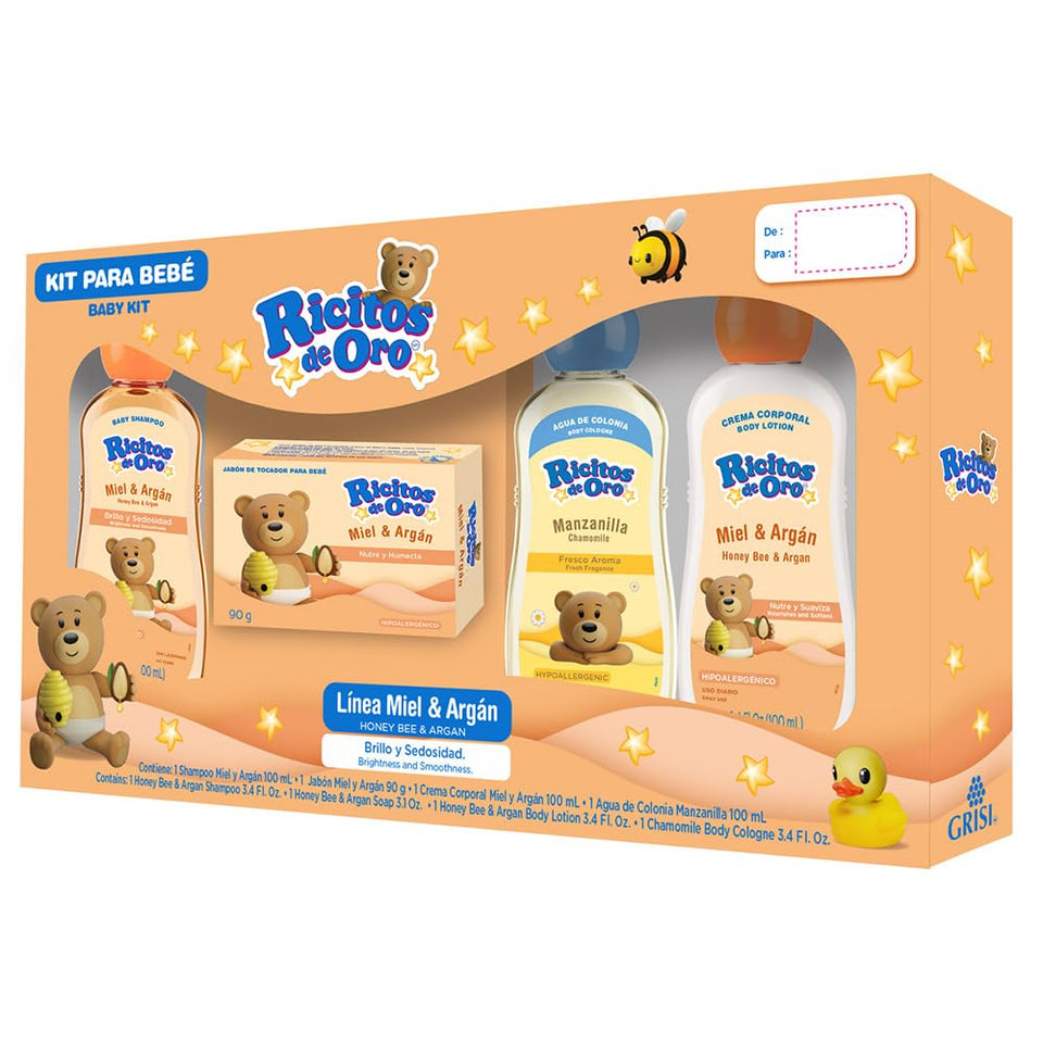 Ricitos de Oro Travel Kit case with four 100 ml bottles for on-the-go baby care.