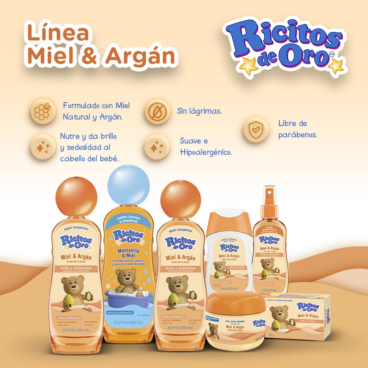 Ricitos de Oro Travel Kit four-piece display promotes travel-friendly baby skin and hair routine.