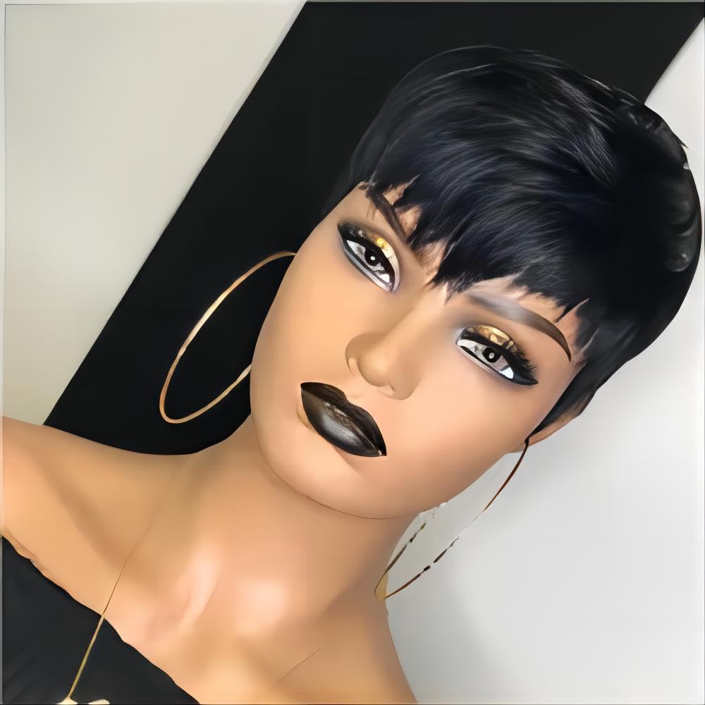 RICONEY bangs closeup shows layered pixie cut for easy styling.