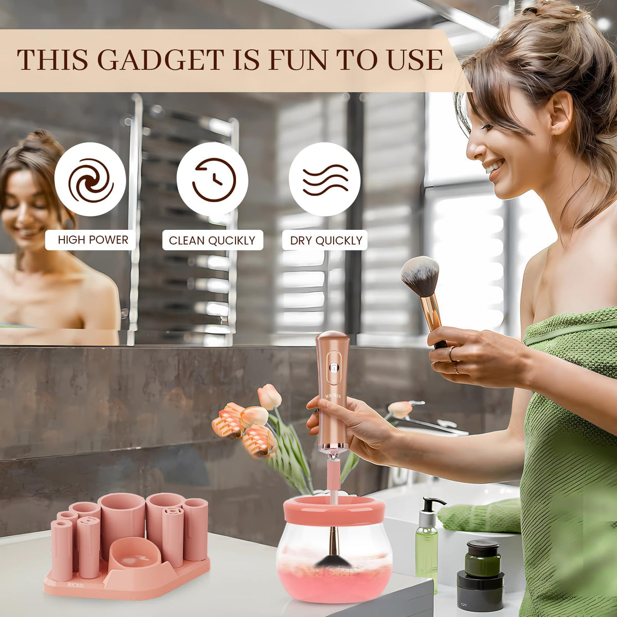 RICRIS brush cleaner handles makeup residue like powder and foundation.