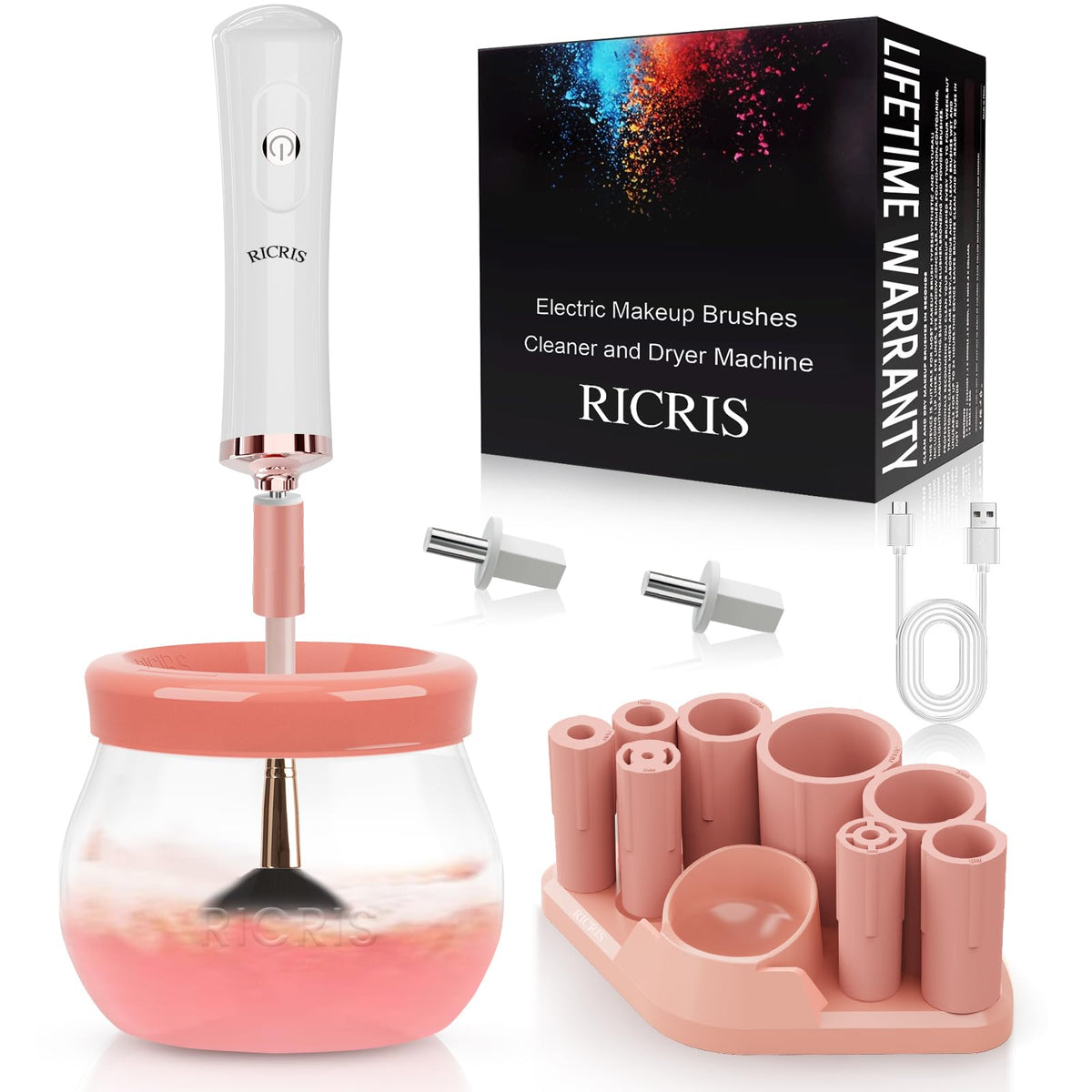 RICRIS electric makeup brush cleaner on counter with fast clean and dry action