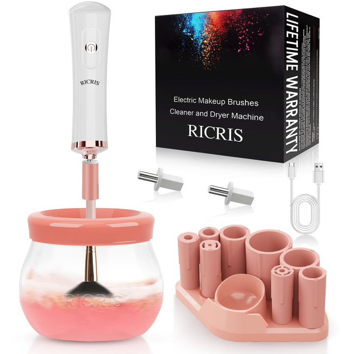 RICRIS electric makeup brush cleaner on counter with fast clean and dry action