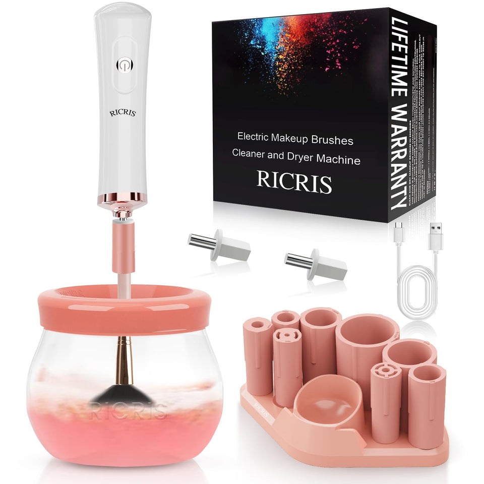 RICRIS electric makeup brush cleaner on counter with fast clean and dry action