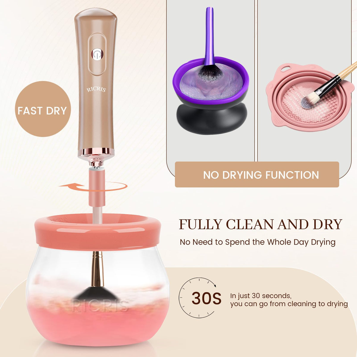RICRIS makeup brush cleaner with silicone connectors fits many brush sizes.