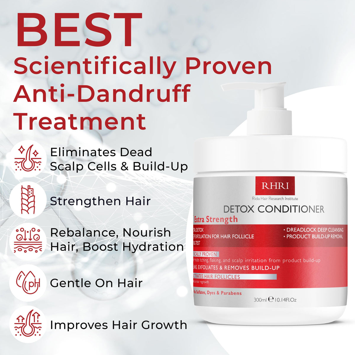 Rida Detox Conditioner close-up highlights metal detox for scalp follicles.