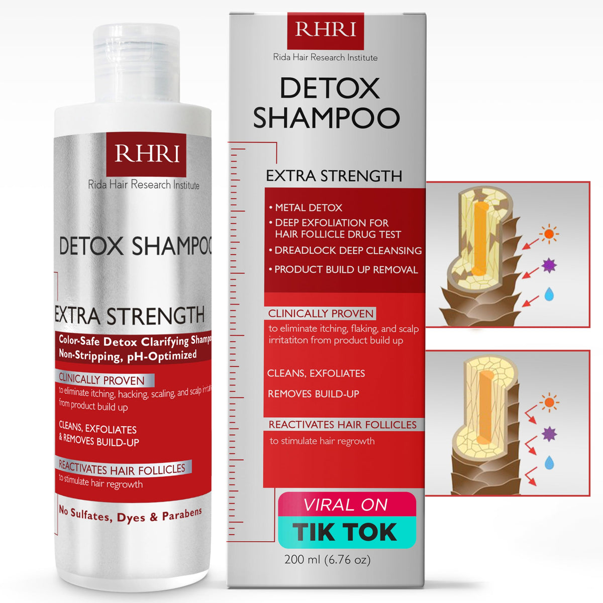 Rida Detox Shampoo bottle front highlights clarifying formula for all hair types
