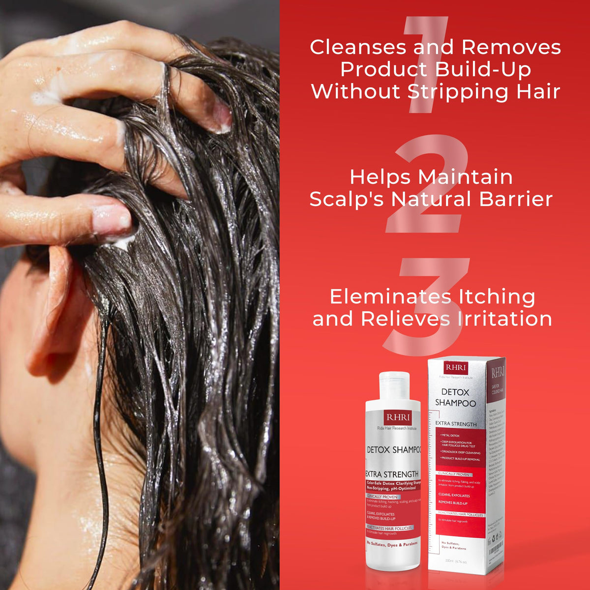 Rida Detox Shampoo shown with colour-treated hair to indicate colour-safe use