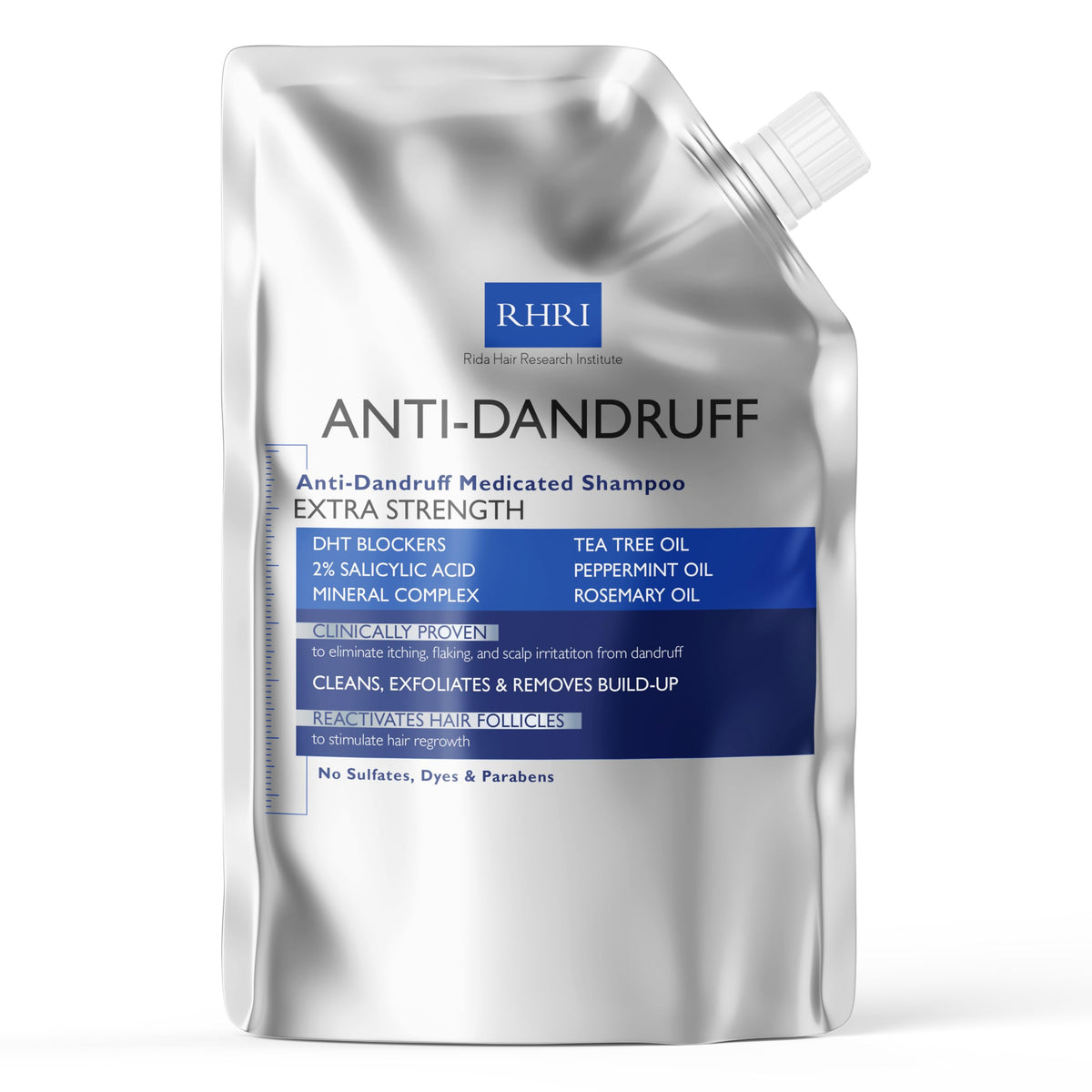 Rida Hair Research Institute anti-dandruff shampoo bottle close-up for scalp care