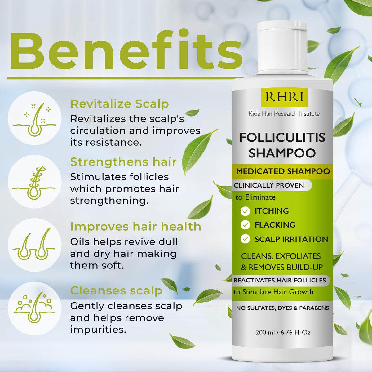 Rida Hair Research Institute anti fungal shampoo label closeup highlighting natural ingredients