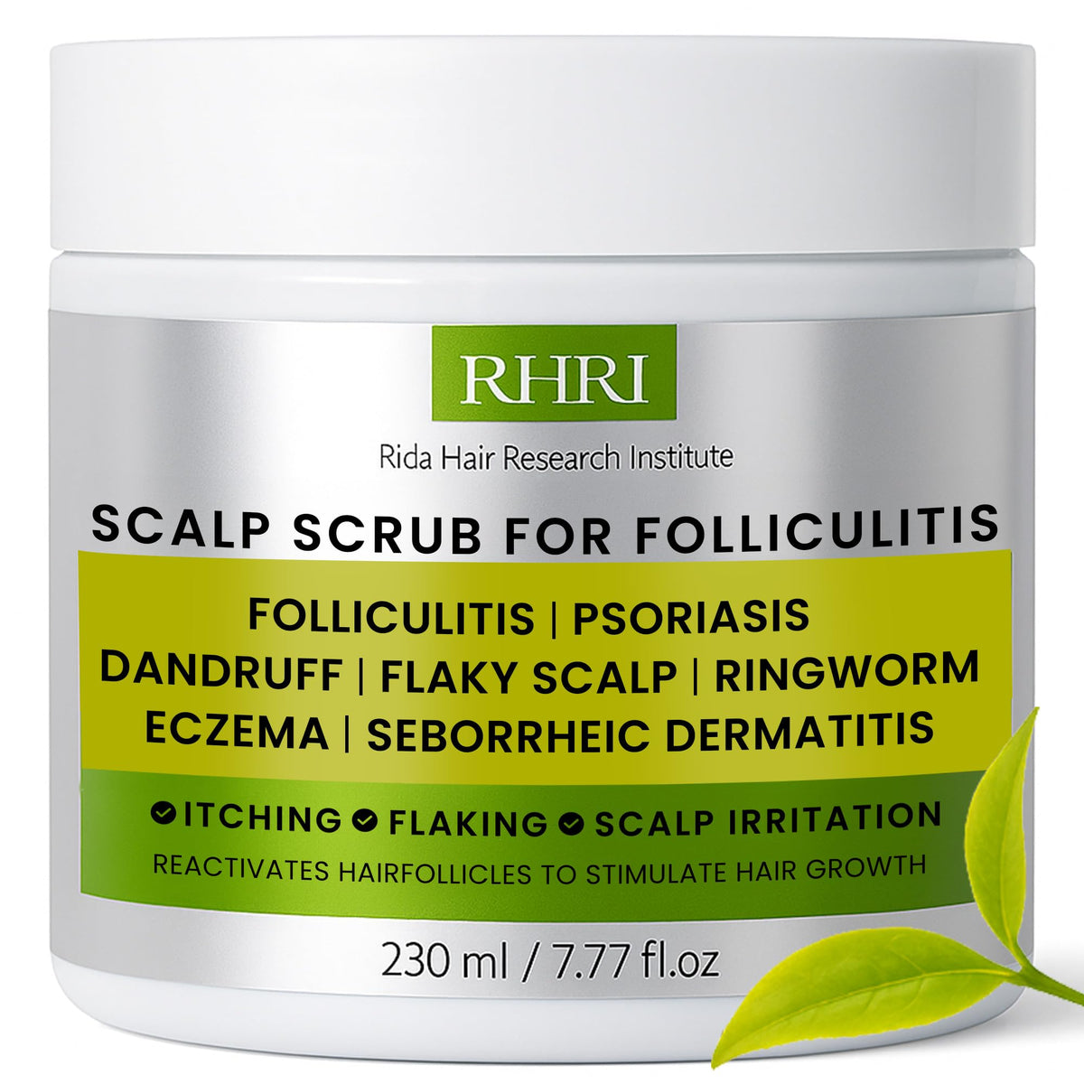 Rida antifungal scalp scrub bottle on shelf for dandruff and itchy scalp relief