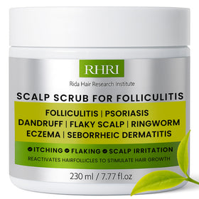 Rida antifungal scalp scrub bottle on shelf for dandruff and itchy scalp relief