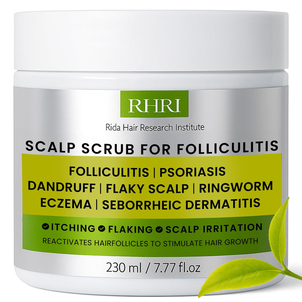 Rida antifungal scalp scrub bottle on shelf for dandruff and itchy scalp relief