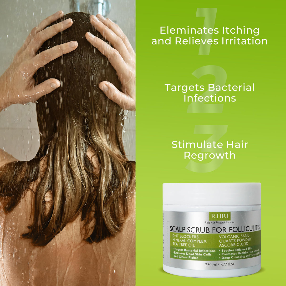Rida antifungal scrub applied to scalp in shower for refreshment