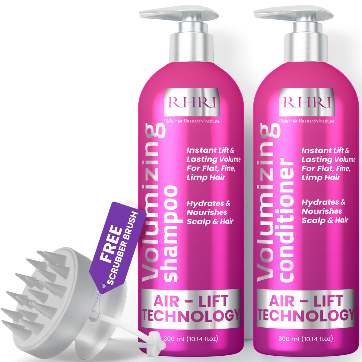 Rida Hair Research Institute volumizing shampoo bottle delivers instant lift for fine hair
