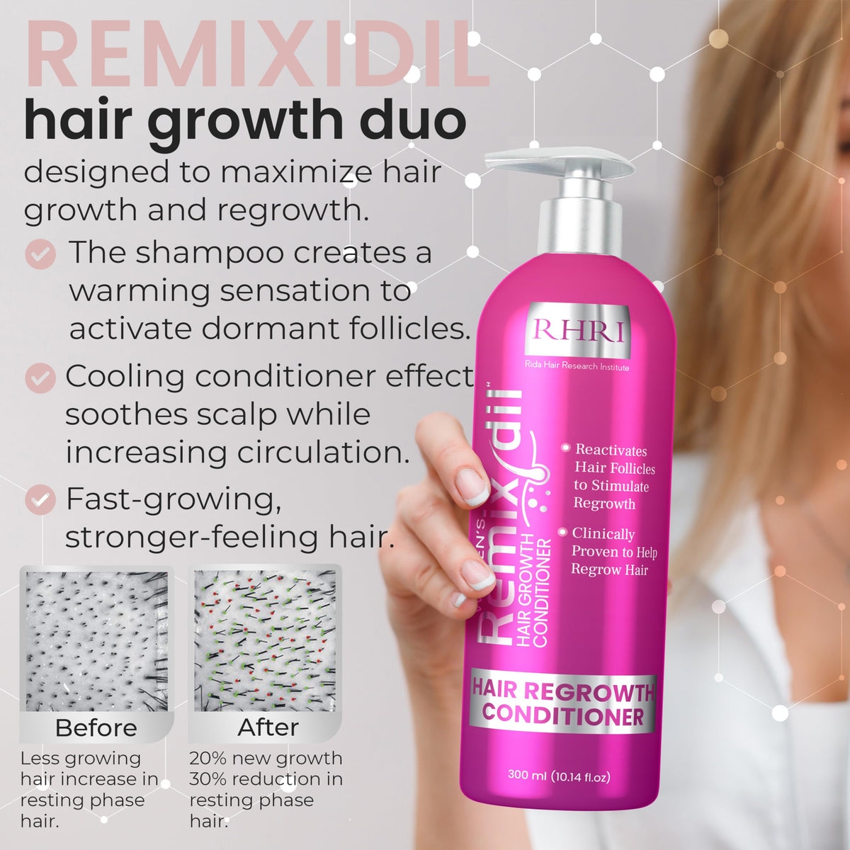 Rida Hair conditioner dispense demonstrates smooth, manageable hair after use.
