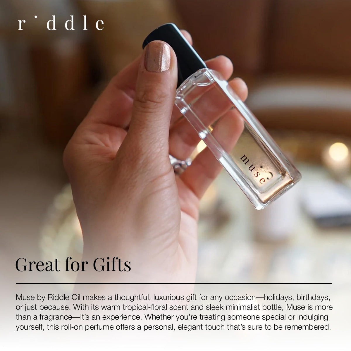 Riddle Oil Muse Roll On bottle showing coconut and florals