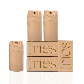RIES airless pump travel bottles shown in compact 1.7oz size for carry-on use