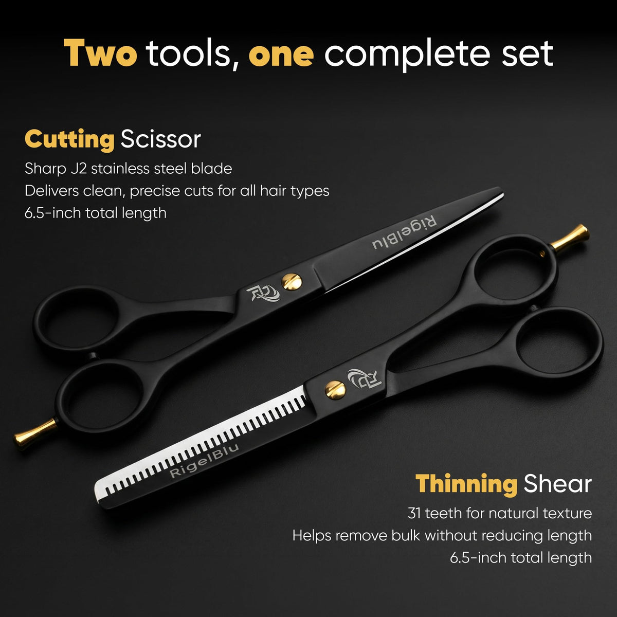 RIGELBLU hair cutting scissors 6.5 inch for clean, snag-free home styling.