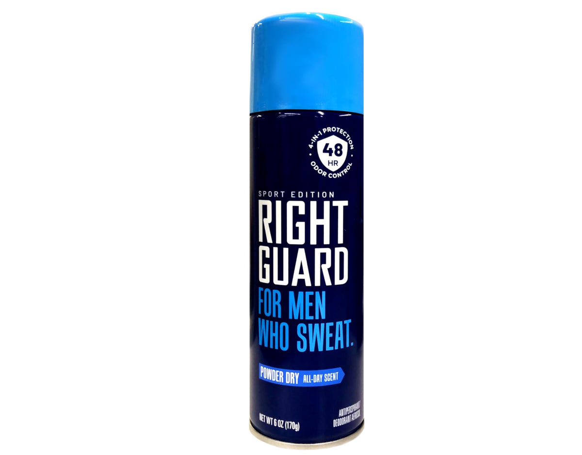 Right Guard Aerosol Sport Powder Dry provides clear coverage for gym freshness
