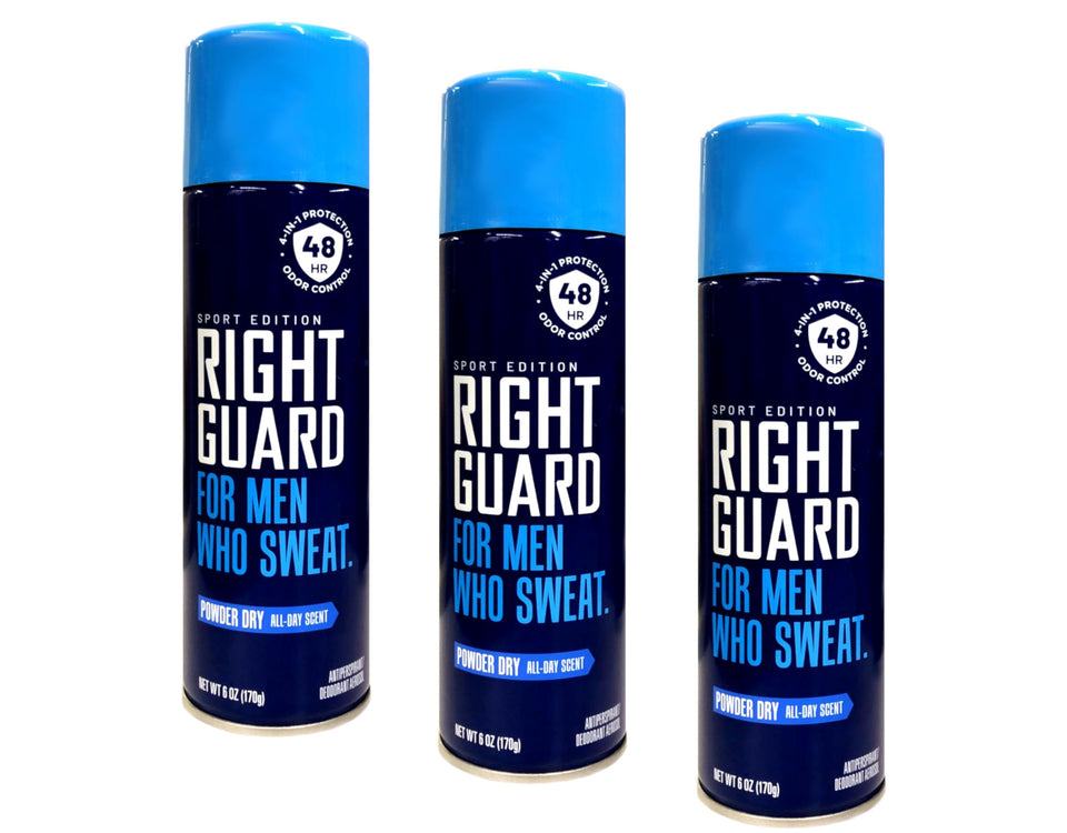 Right Guard Aerosol Sport Powder Dry front view shows quick sweat protection for active days.