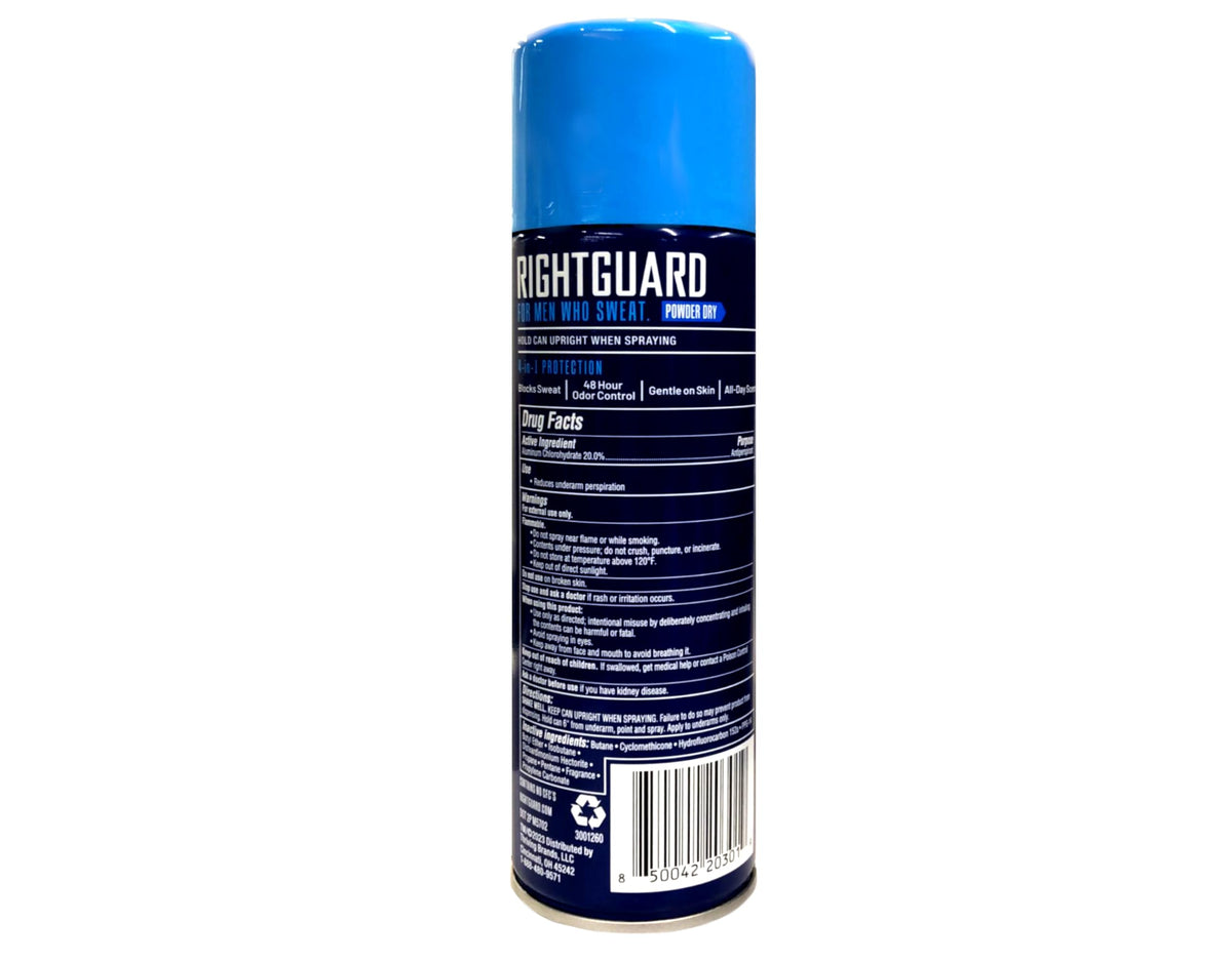 Right Guard Aerosol Sport Powder Dry packaging display highlighting 6 oz cans for daily use.