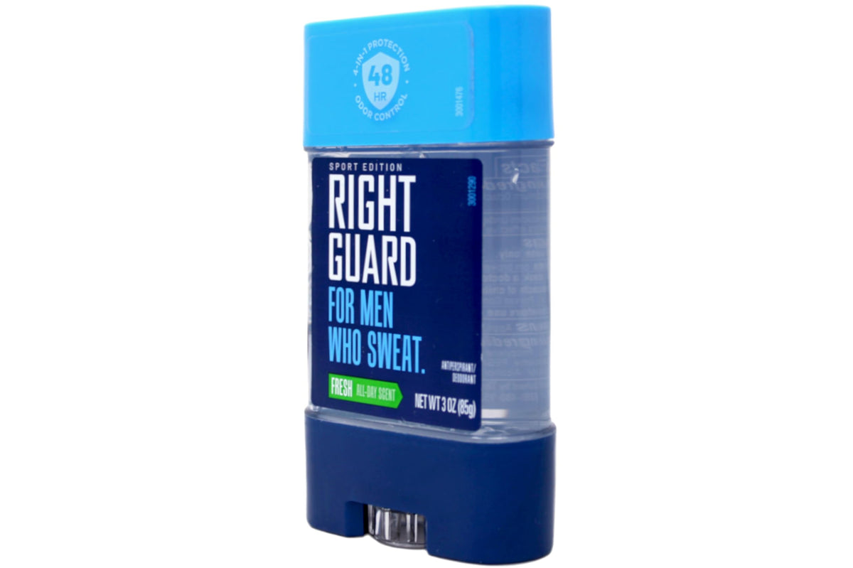 Right Guard clear gel dries without residue on skin.