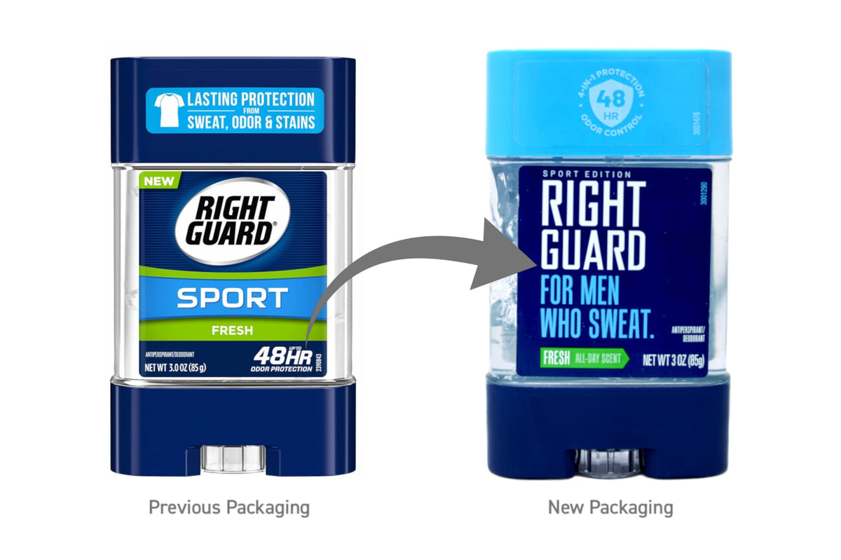 Right Guard odor-defense bottle cap close-up signals protection.
