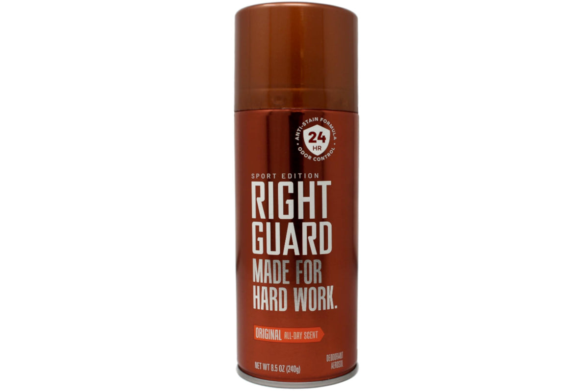 Right Guard Sport Deodorant Original aerosol can back view with product details.