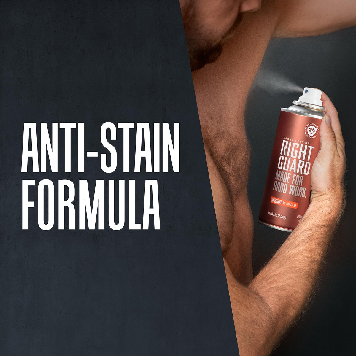 Right Guard Sport Original Scent anti-stain formula protects shirts